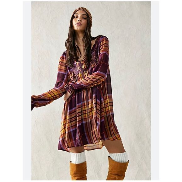 Free People - Faye Frock Mini Dress In Plum Combo size XS - Picture 1 of 4